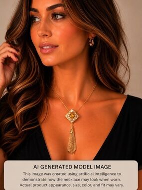 Vintage Gold Tone Square with teardrop faceted Stone & tassle 31-34 inches